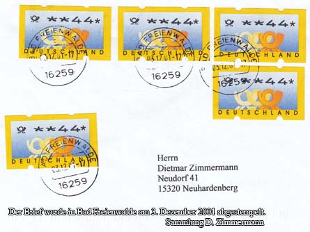 Der Brief wurde in Bad Freienwalde am 3. Dezember 2001 abgestempelt.