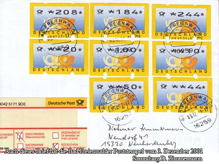 Auch dieser Brief hat die Bad Freienwalder Poststempel vom 3. Dezember 2001