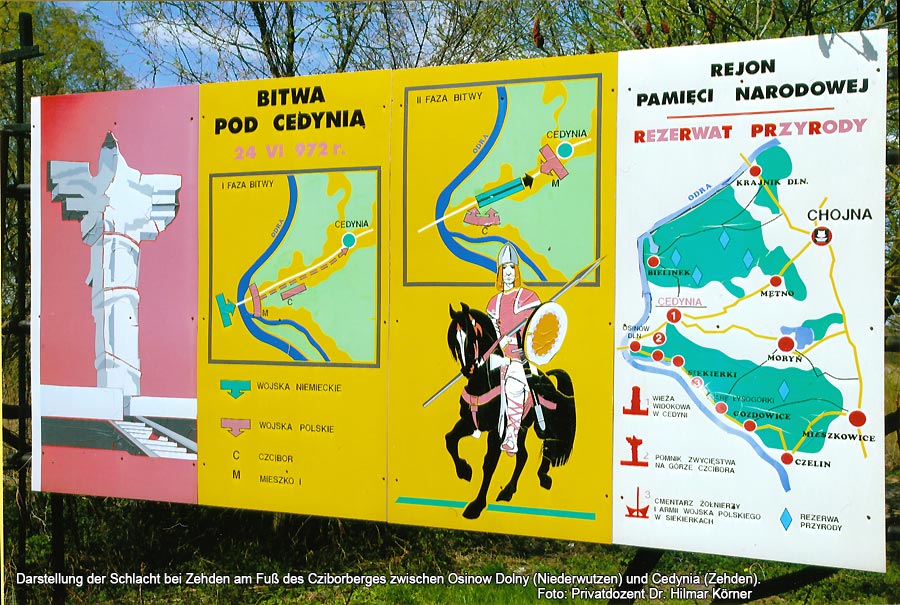 Bild 1 Darstellung der Schlacht bei Zehden am Fuß des Cziborberges zwischen Osinow Dolny (Niederwutzen) und Cedynia (Zehden).