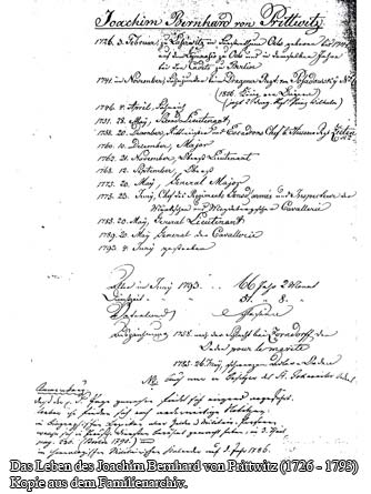 Das Leben des Joachim Bernhard von Prittwitz (1726 - 1793) - Kopie aus dem Familienarchiv.)
